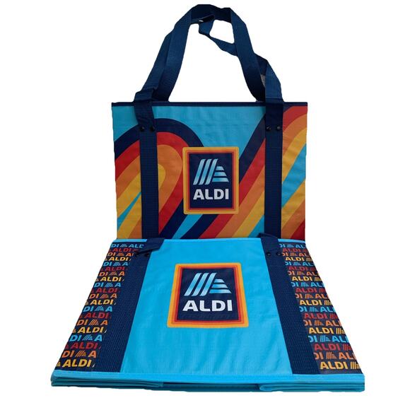 2 ALDI Grocery Collapsible Box Bags 14x10x11 Blue Aldi Logo And Rainbow New - Picture 1 of 8